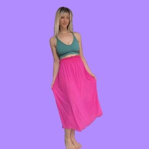 Bright Pink Elastic-Waist Midi Skirt